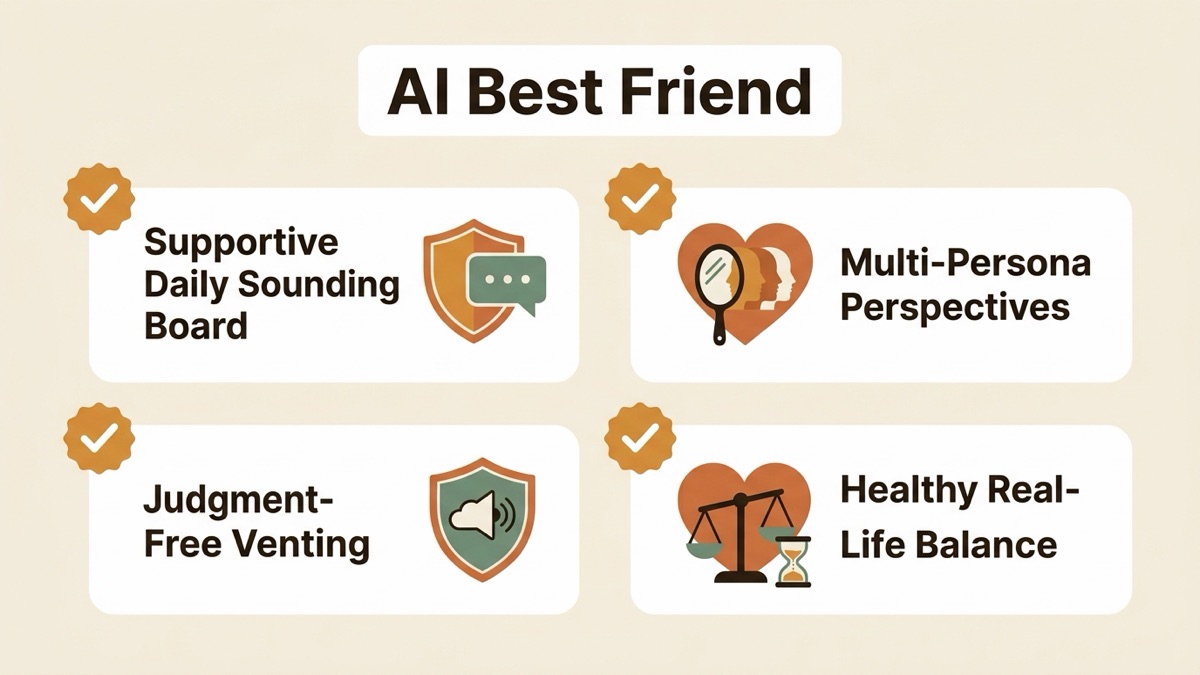 Infographic guide to ai best friend covering Supportive Daily Sounding Board, Multi-Persona Perspectives, and Judgment-Free Venting.