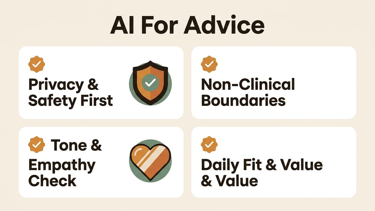 Infographic for ai for advice: Privacy & Safety First, Non-Clinical Boundaries, Tone & Empathy Check, and Daily Fit & Value.