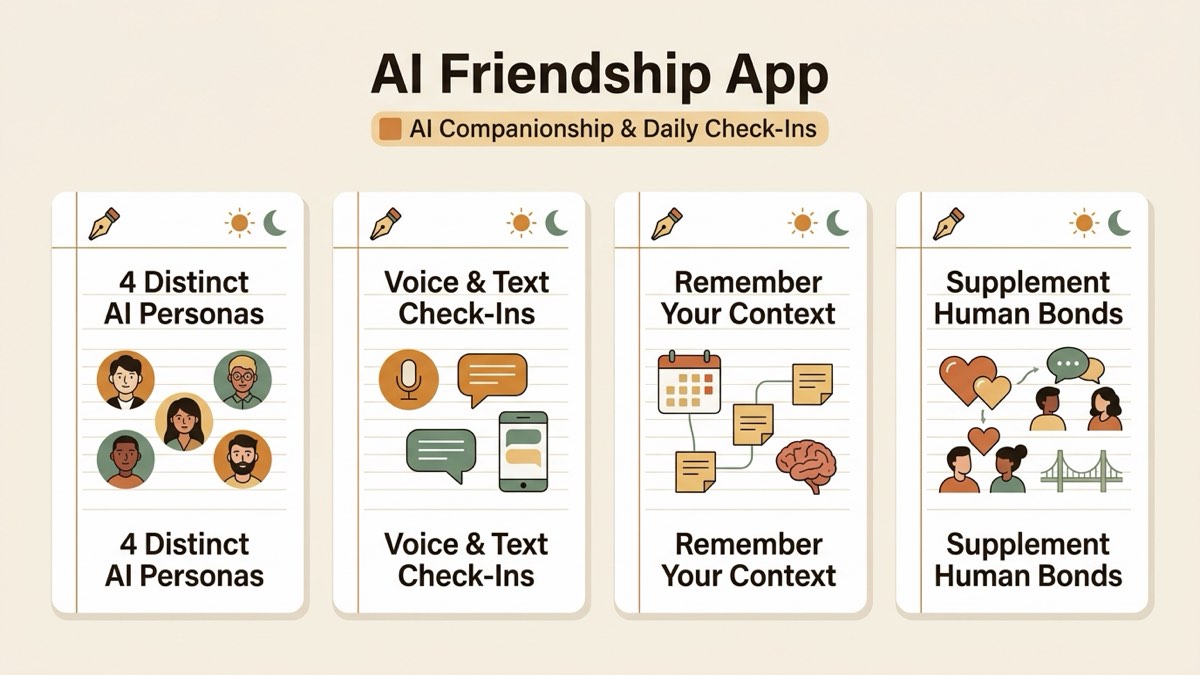 Infographic for ai friendship app: 4 Distinct AI Personas, Voice & Text Check-Ins, Remember Your Context, and Supplement Human Bonds.