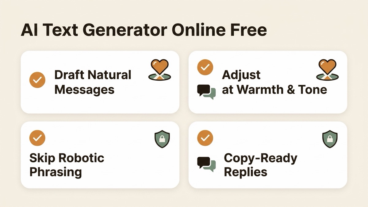 Infographic guide to ai text generator online free covering Draft Natural Messages, Adjust Warmth & Tone, and Skip Robotic Phrasing.
