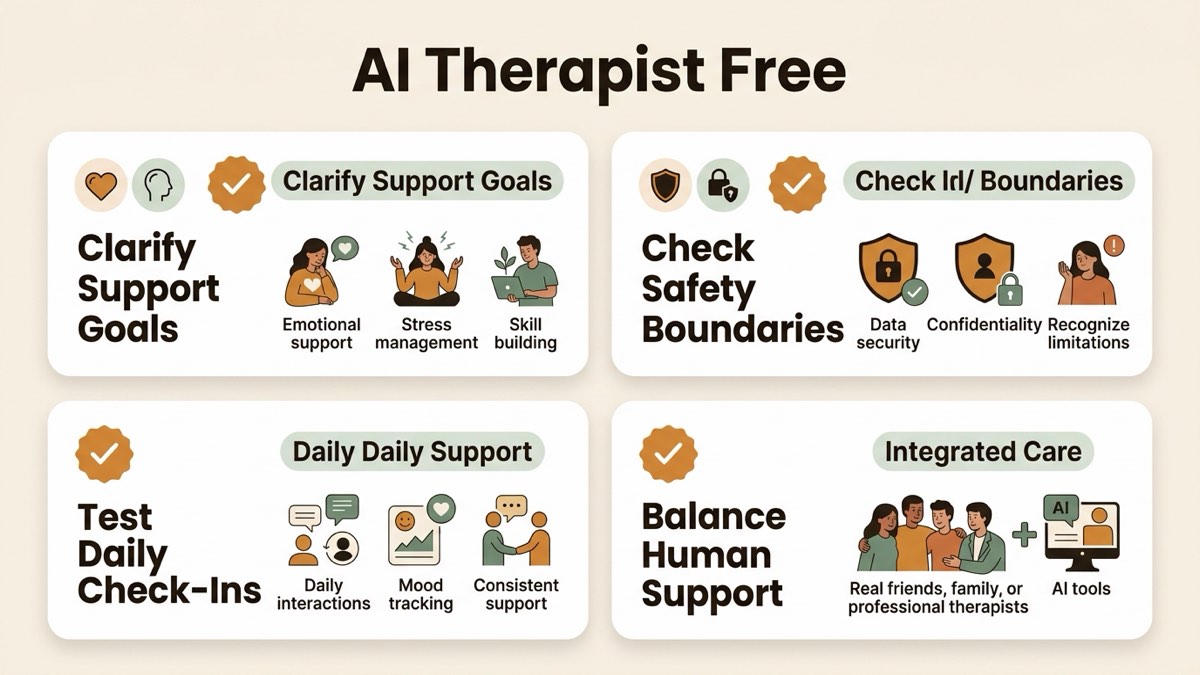 Infographic for ai therapist free: Clarify Support Goals, Check Safety Boundaries, Test Daily Check-Ins, and Balance Human Support.