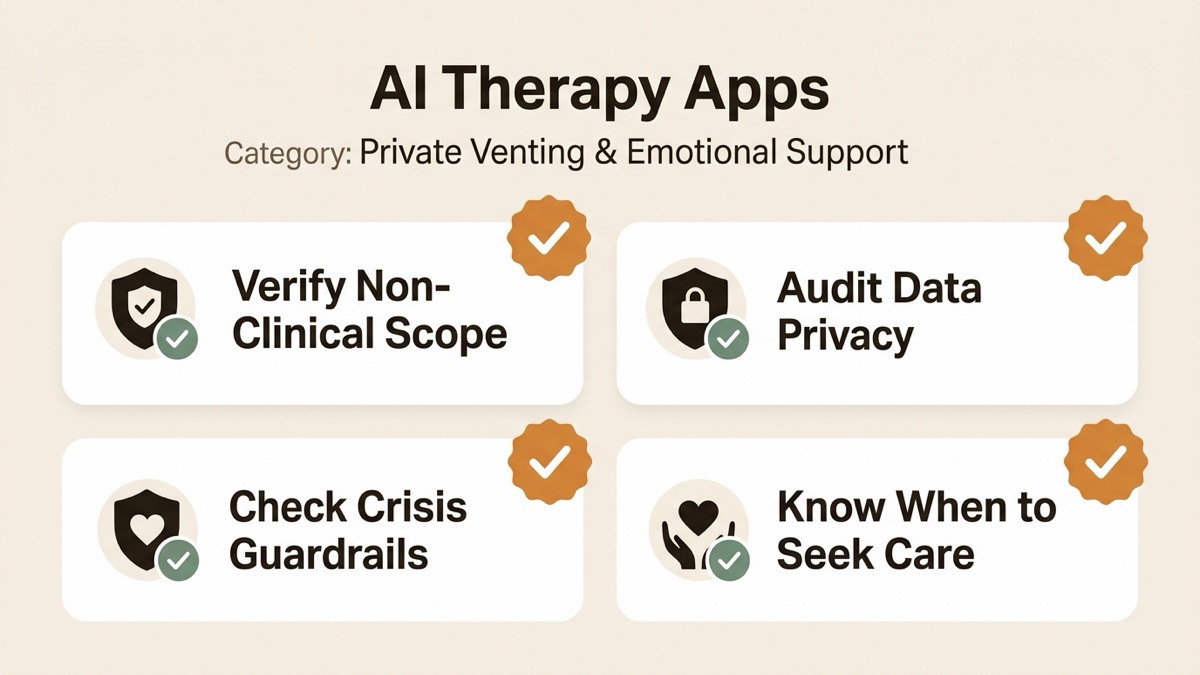 Infographic for ai therapy apps: Verify Non-Clinical Scope, Audit Data Privacy, Check Crisis Guardrails, and Know When to Seek Care.