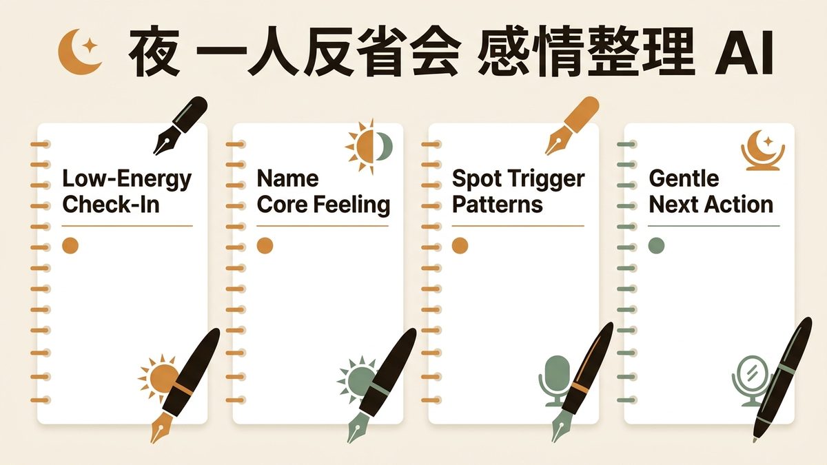 Infographic for 夜 一人 反省会 感情整理 AI: Low-Energy Check-In, Name Core Feeling, Spot Trigger Patterns, and Gentle Next Action.