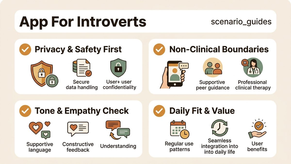 Infographic for app for introverts: Privacy & Safety First, Non-Clinical Boundaries, Tone & Empathy Check, and Daily Fit & Value.