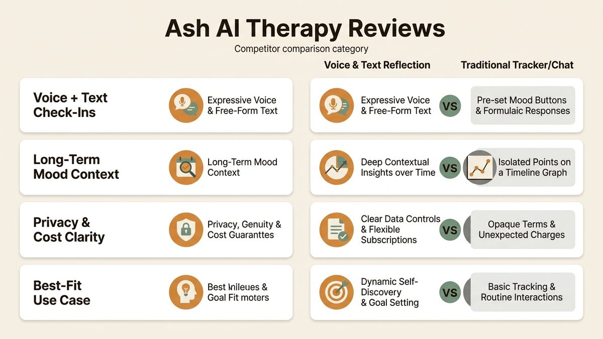 Infographic for ash ai therapy reviews: Voice + Text Check-Ins, Long-Term Mood Context, Privacy & Cost Clarity, and Best-Fit Use Case.