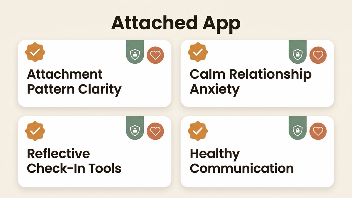 Infographic guide to attached app covering Attachment Pattern Clarity, Calm Relationship Anxiety, and Reflective Check-In Tools.