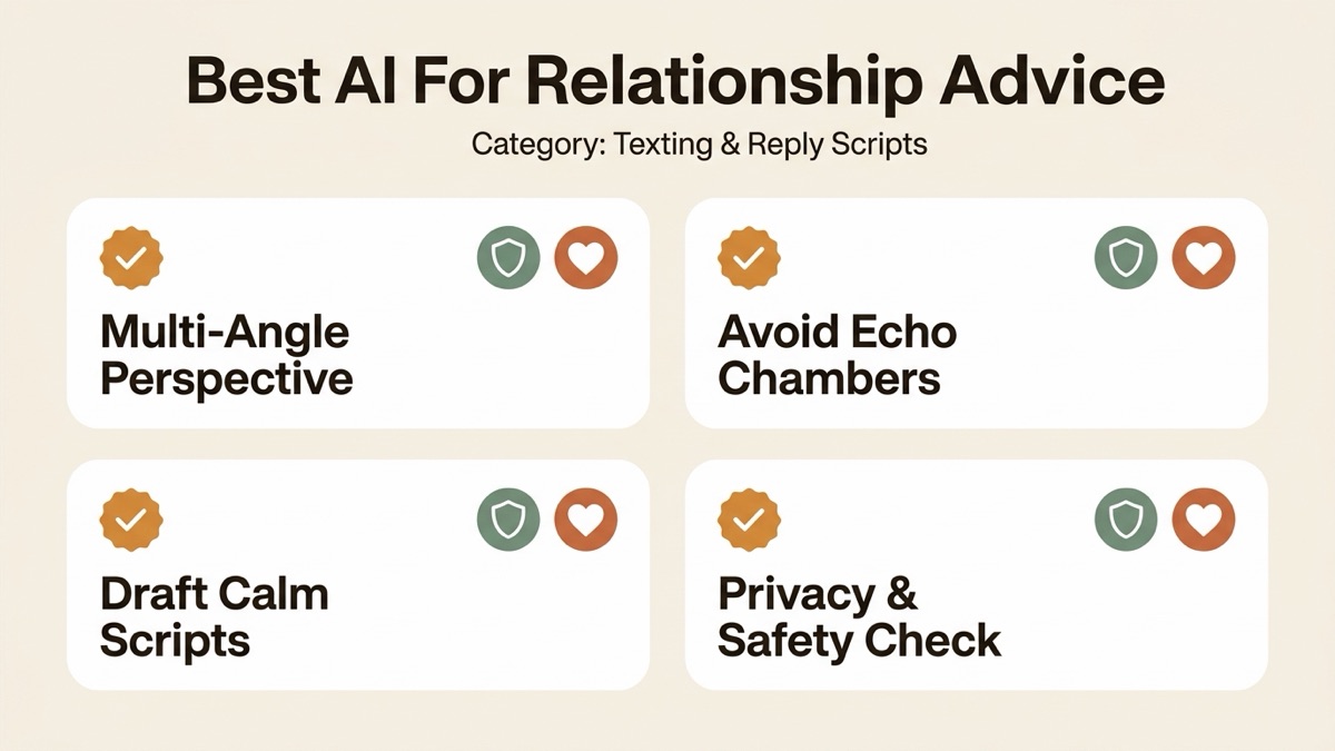 Infographic guide to best ai for relationship advice covering Multi-Angle Perspective, Avoid Echo Chambers, and Draft Calm Scripts.