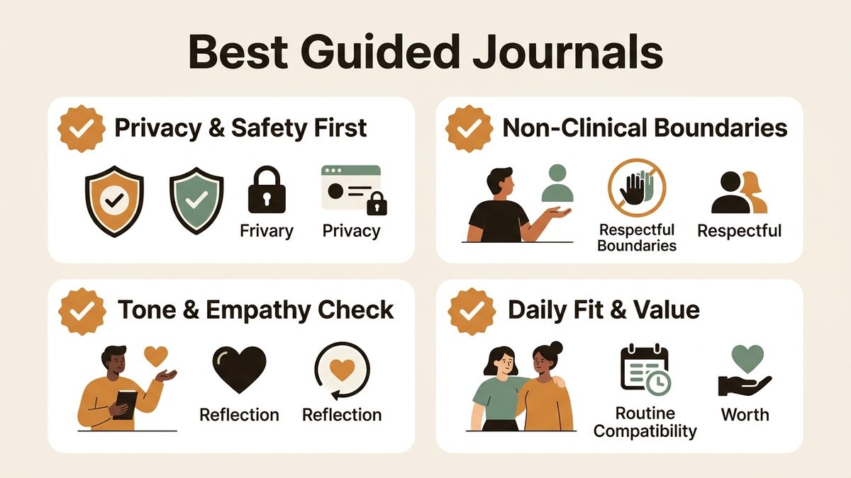 Infographic for best guided journals: Privacy & Safety First, Non-Clinical Boundaries, Tone & Empathy Check, and Daily Fit & Value.