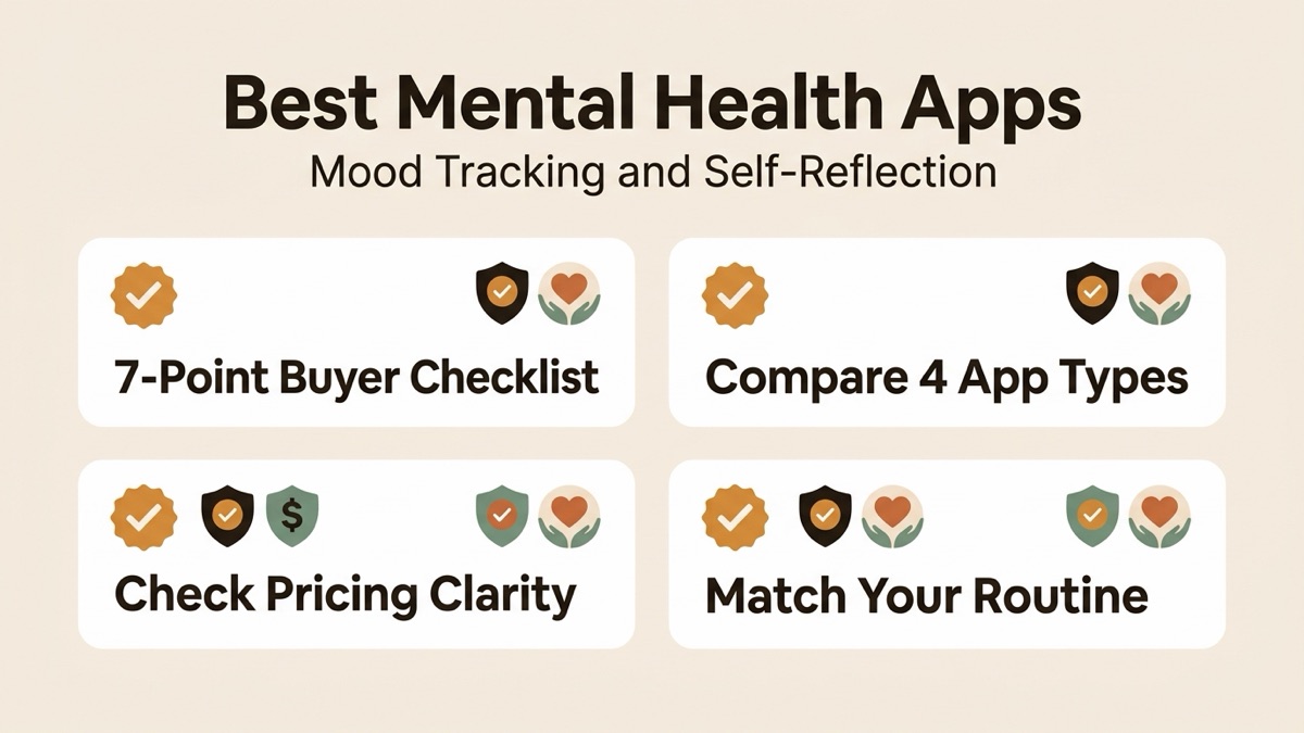 Infographic for best mental health apps: 7-Point Buyer Checklist, Compare 4 App Types, Check Pricing Clarity, and Match Your Routine.