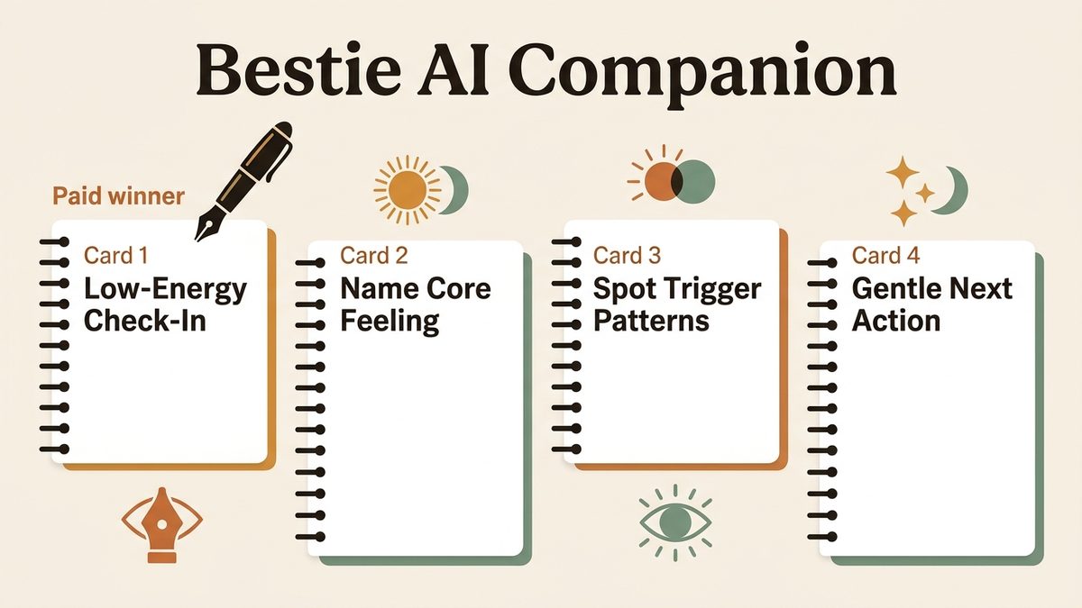 Infographic for bestie ai companion: Low-Energy Check-In, Name Core Feeling, Spot Trigger Patterns, and Gentle Next Action.