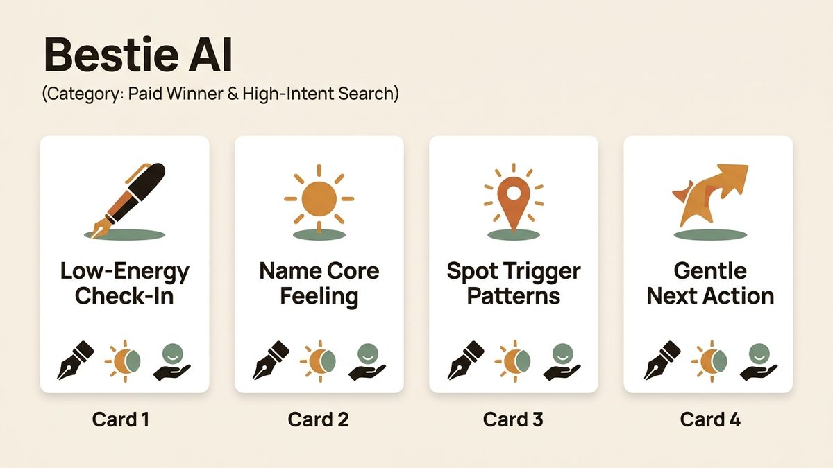 Infographic for bestie ai: Low-Energy Check-In, Name Core Feeling, Spot Trigger Patterns, and Gentle Next Action.