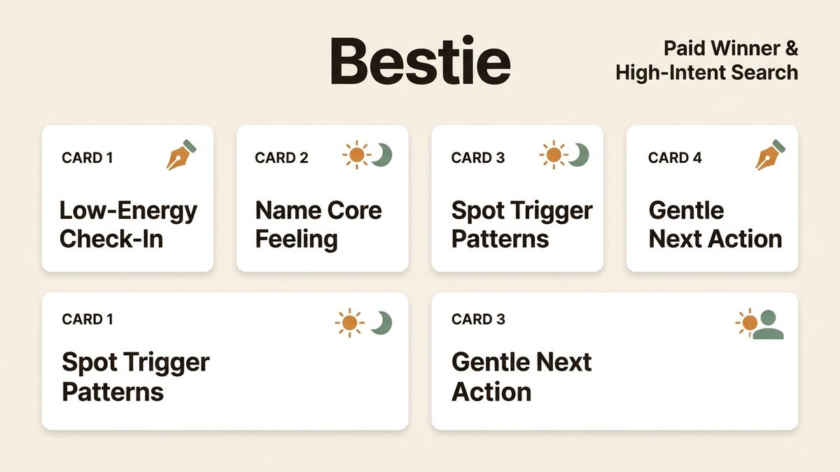 Infographic for bestie: Low-Energy Check-In, Name Core Feeling, Spot Trigger Patterns, and Gentle Next Action.
