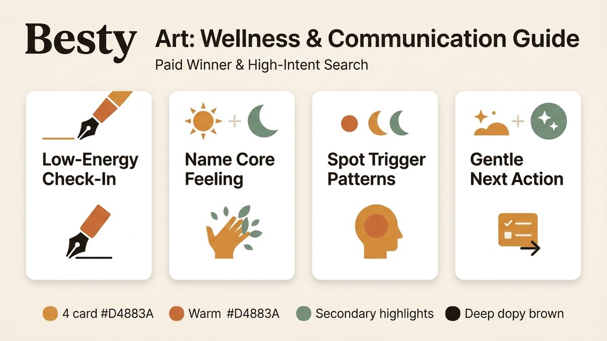 Infographic for besty: Low-Energy Check-In, Name Core Feeling, Spot Trigger Patterns, and Gentle Next Action.