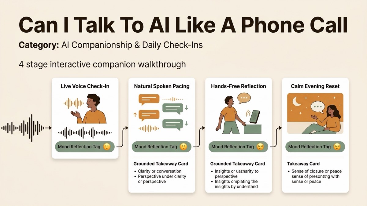 Infographic guide to can i talk to ai like a phone call covering Live Voice Check-In, Natural Spoken Pacing, and Hands-Free Reflection.