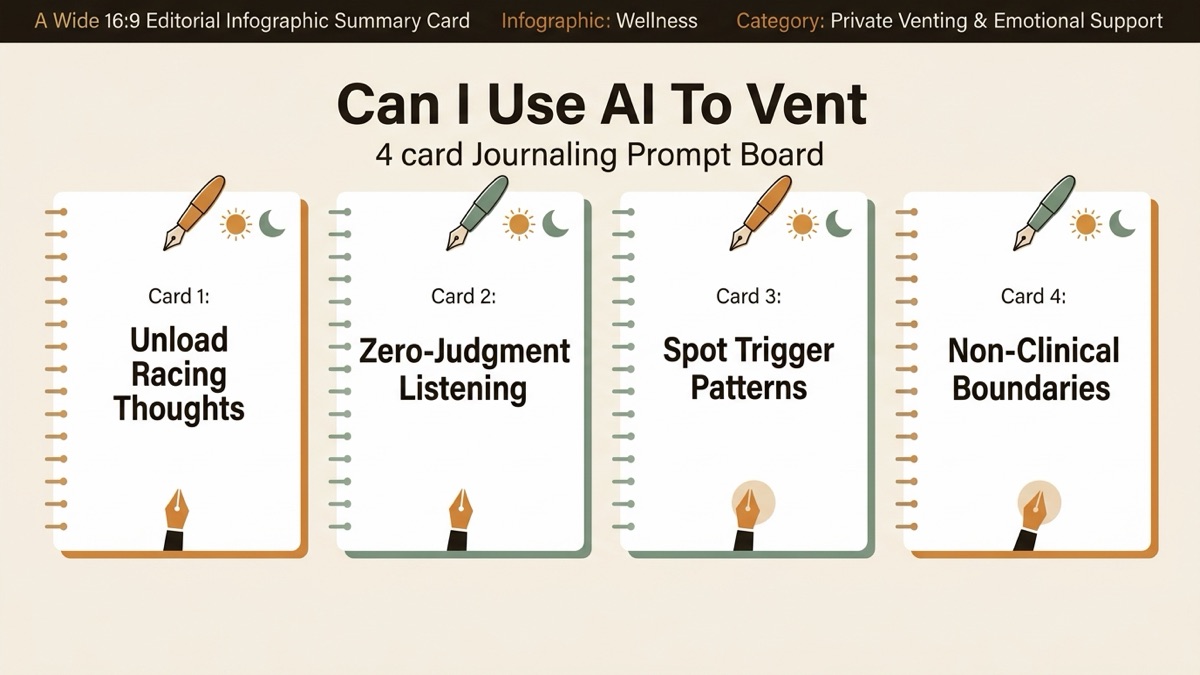 Infographic guide to can i use ai to vent covering Unload Racing Thoughts, Zero-Judgment Listening, and Spot Trigger Patterns.