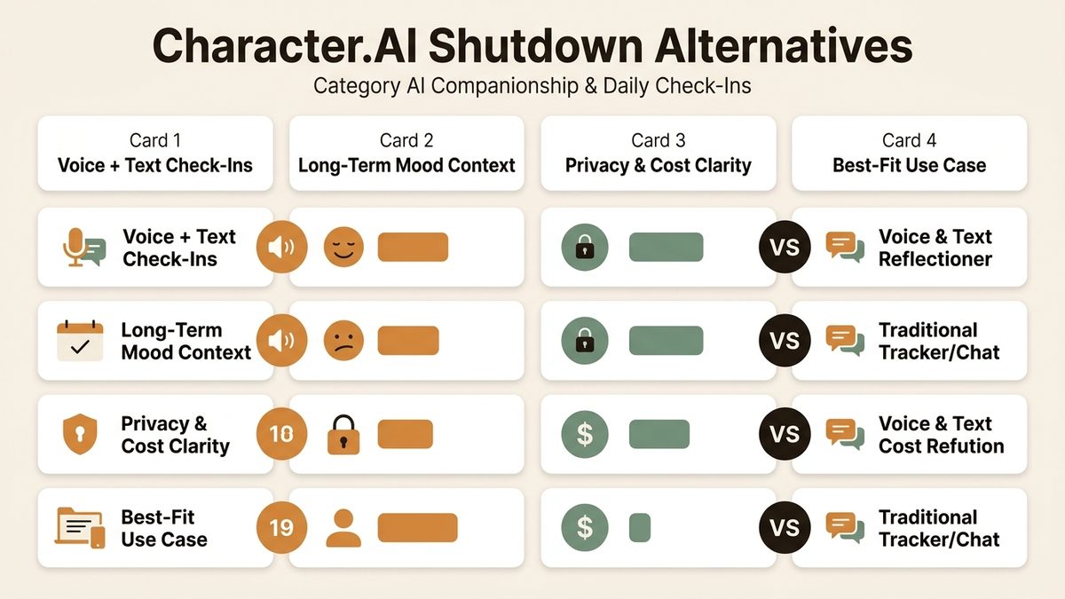 Infographic guide to Character.AI shutdown alternatives covering Voice + Text Check-Ins, Long-Term Mood Context, and Privacy & Cost Clarity.