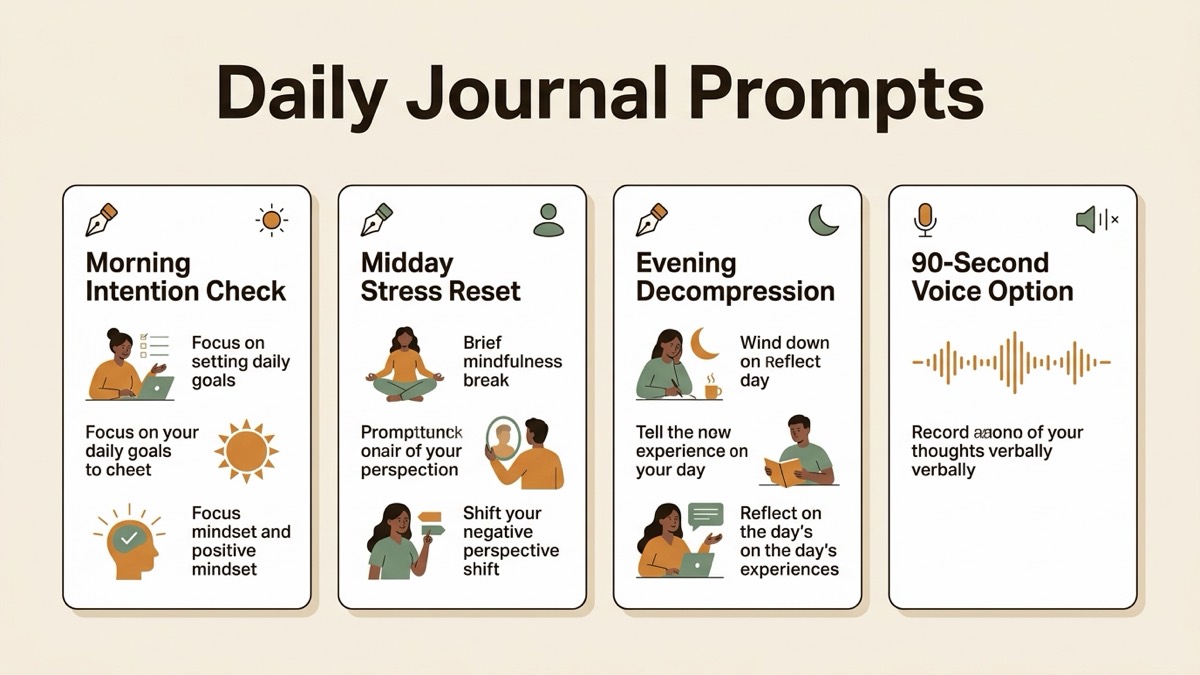 Infographic for daily journal prompts: Morning Intention Check, Midday Stress Reset, Evening Decompression, and 90-Second Voice Option.