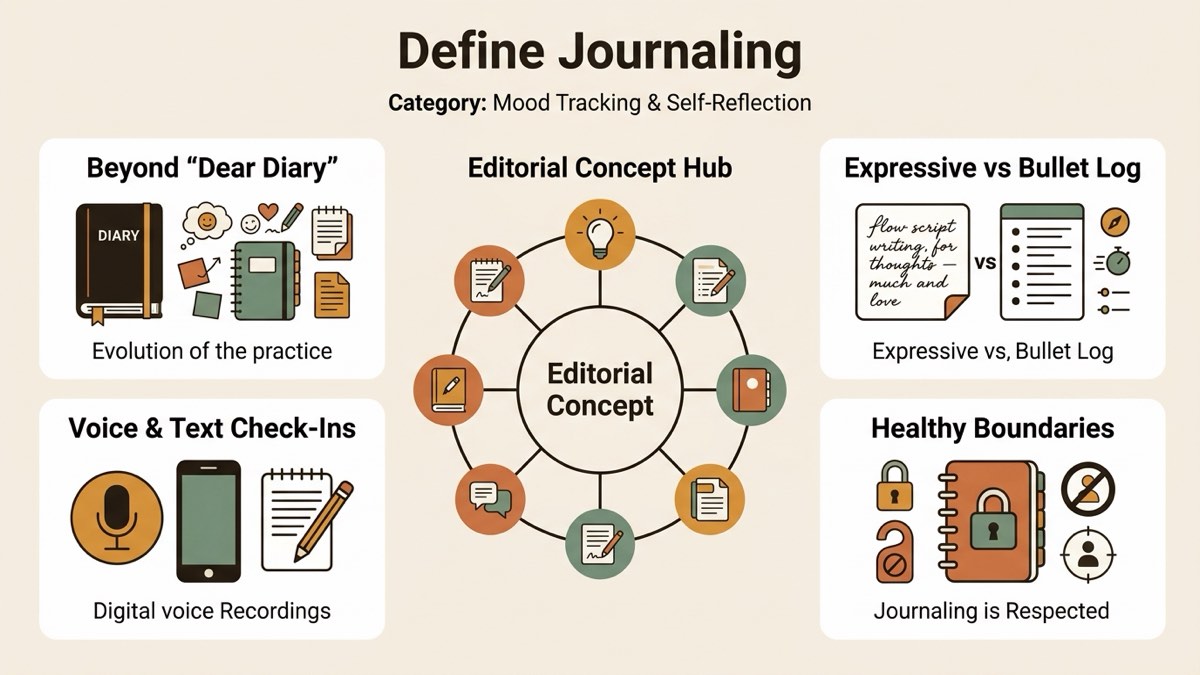 Infographic for define journaling: Beyond 'Dear Diary', Expressive vs Bullet Log, Voice & Text Check-Ins, and Healthy Boundaries.