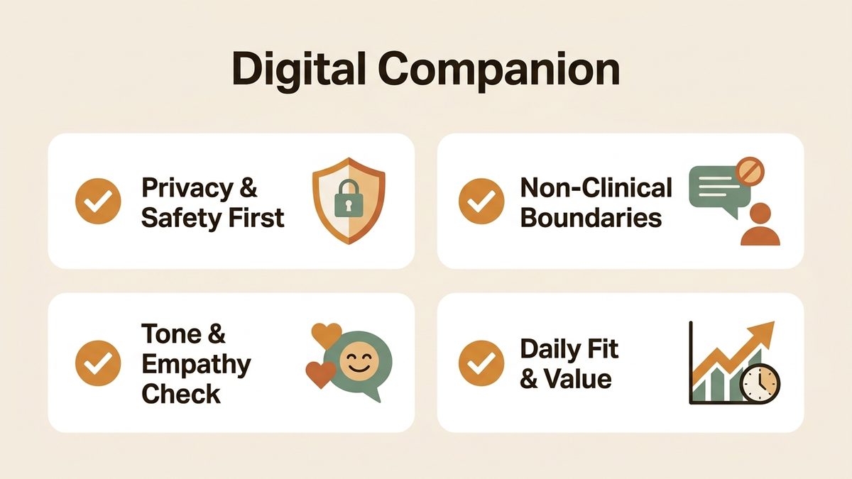 Infographic for digital companion: Privacy & Safety First, Non-Clinical Boundaries, Tone & Empathy Check, and Daily Fit & Value.