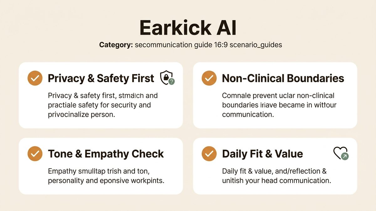 Infographic for earkick ai: Privacy & Safety First, Non-Clinical Boundaries, Tone & Empathy Check, and Daily Fit & Value.