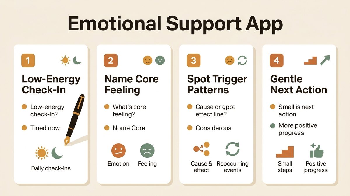 Infographic for emotional support app: Low-Energy Check-In, Name Core Feeling, Spot Trigger Patterns, and Gentle Next Action.