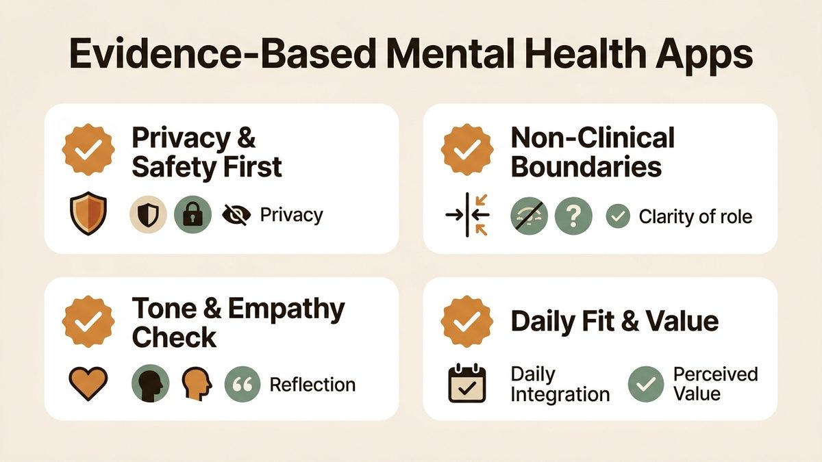 Infographic guide to evidence-based mental health apps covering Privacy & Safety First, Non-Clinical Boundaries, and Tone & Empathy Check.