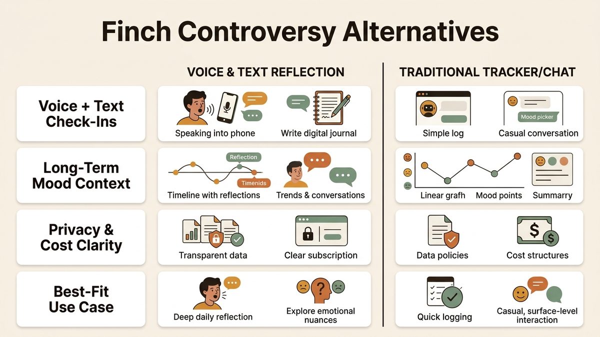 Infographic guide to Finch controversy alternatives covering Voice + Text Check-Ins, Long-Term Mood Context, and Privacy & Cost Clarity.