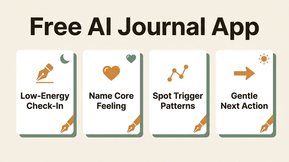 Infographic for free ai journal app: Low-Energy Check-In, Name Core Feeling, Spot Trigger Patterns, and Gentle Next Action.