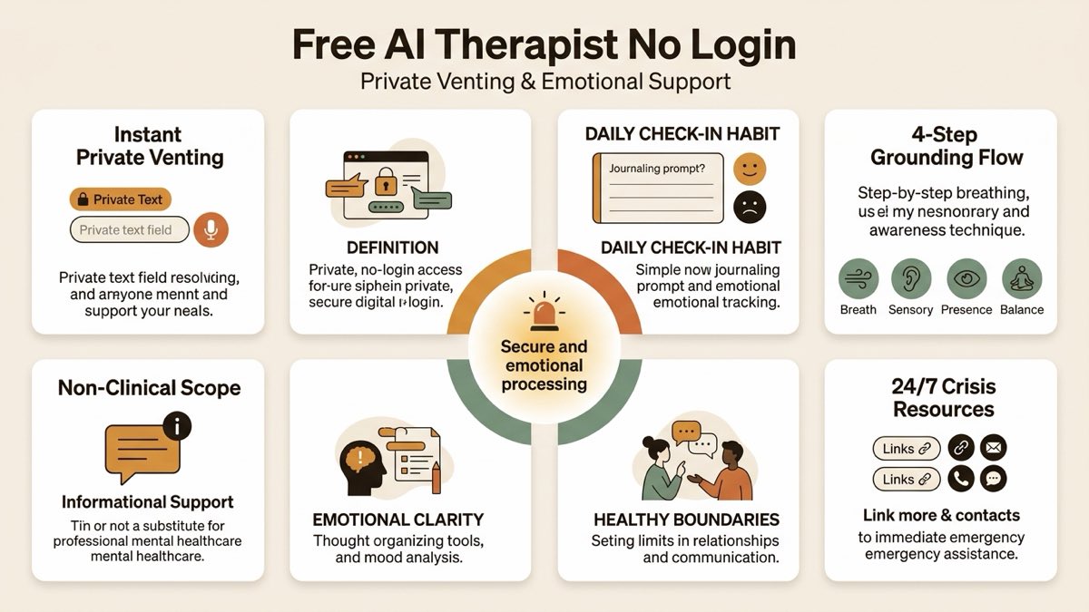 Infographic guide to free ai therapist no login covering Instant Private Venting, 4-Step Grounding Flow, and Non-Clinical Scope.