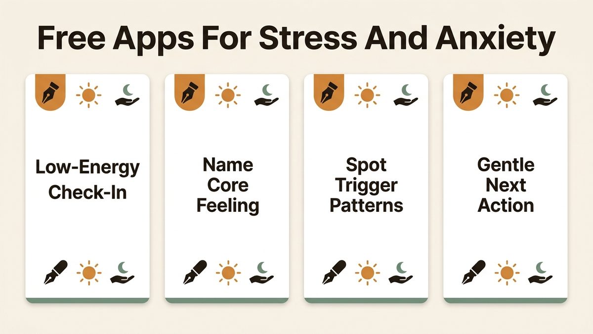 Infographic guide to free apps for stress and anxiety covering Low-Energy Check-In, Name Core Feeling, and Spot Trigger Patterns.