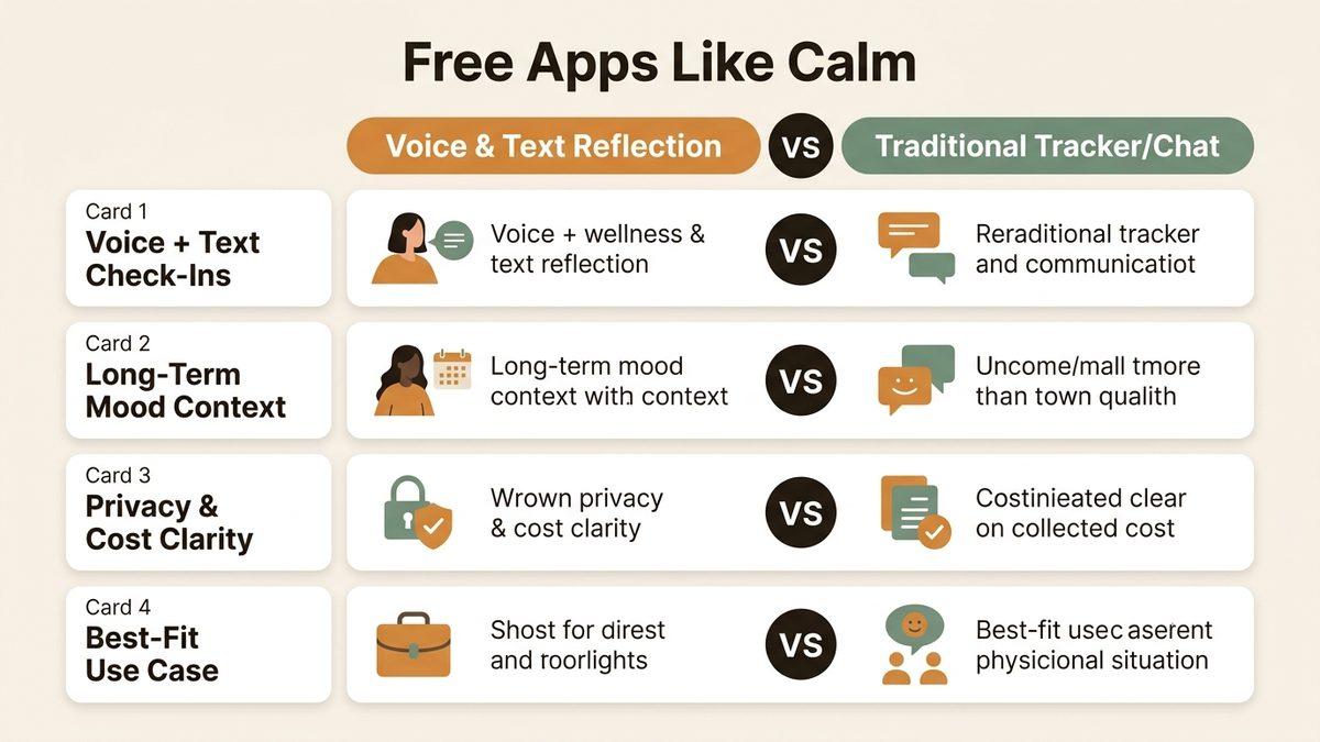 Infographic for free apps like calm: Voice + Text Check-Ins, Long-Term Mood Context, Privacy & Cost Clarity, and Best-Fit Use Case.