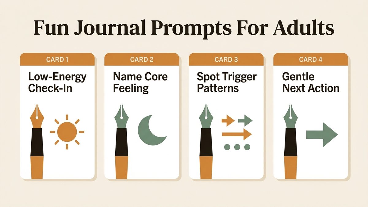 Infographic for fun journal prompts for adults: Low-Energy Check-In, Name Core Feeling, Spot Trigger Patterns, and Gentle Next Action.