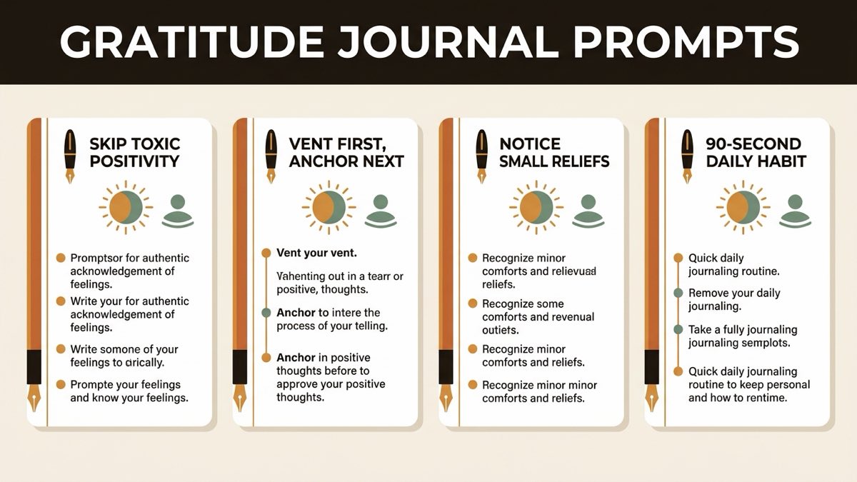 Infographic guide to gratitude journal prompts covering Skip Toxic Positivity, Vent First, Anchor Next, and Notice Small Reliefs.