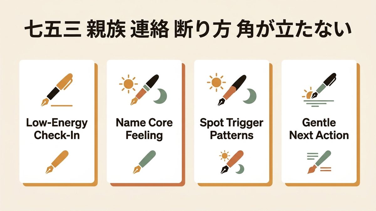Infographic for 七五三 親族 連絡 断り方 角が立たない: Low-Energy Check-In, Name Core Feeling, Spot Trigger Patterns, and Gentle Next Action.