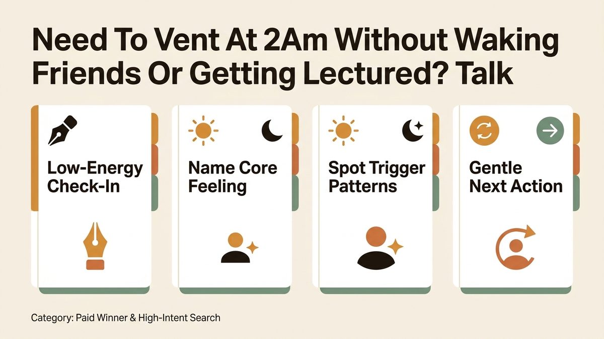 Infographic guide to Need to vent at 2AM without waking friends or getting lectured? Talk it out judgment-free. — Practical Self-Care & Emotional Support Guide covering Low-Energy Check-In, Name Core Feeling, and Spot Trigger Patterns.