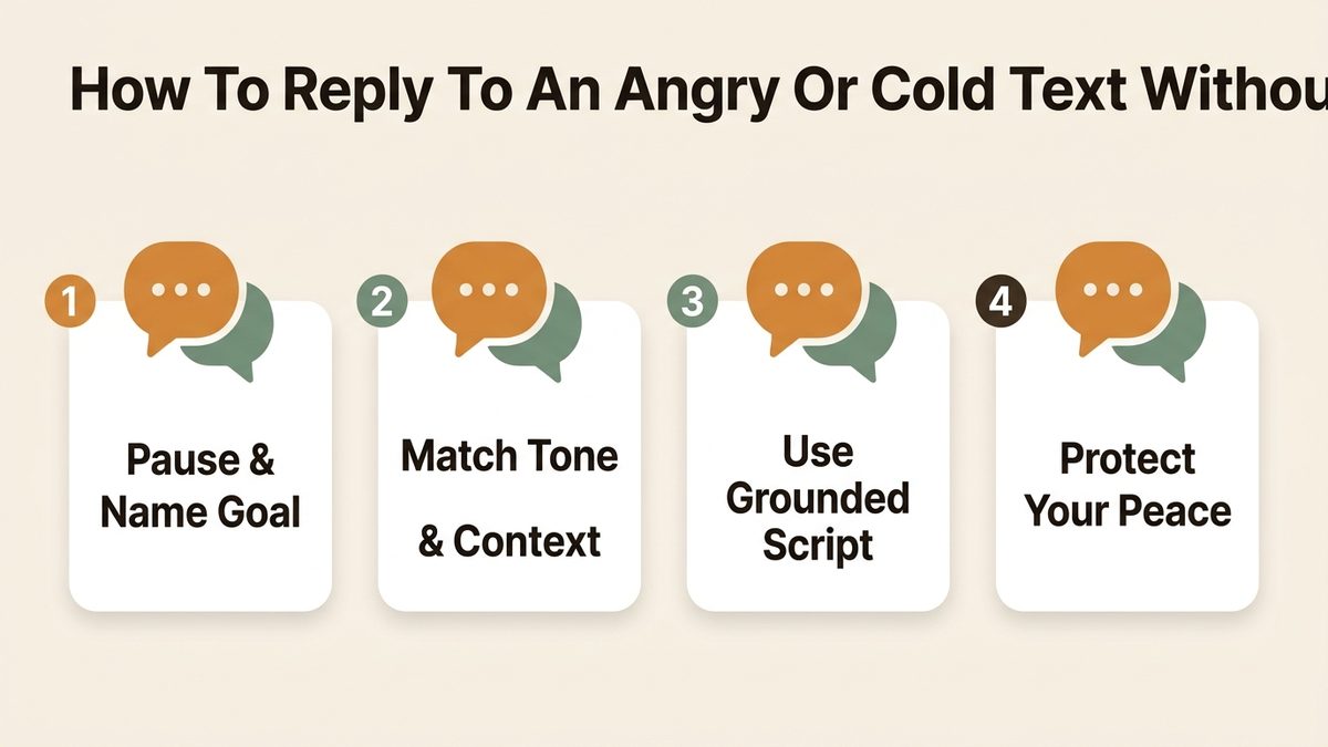 Infographic guide to How to Reply to an Angry or Cold Text Withou covering Pause & Name Goal, Match Tone & Context, and Use Grounded Script.