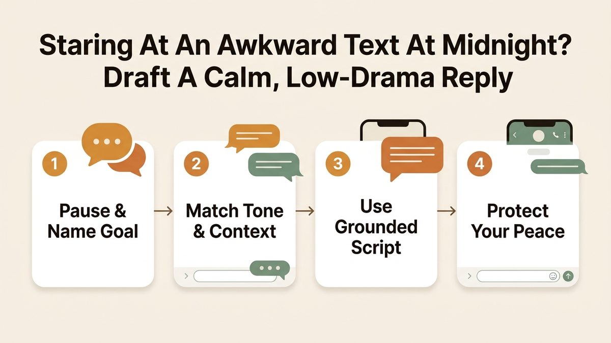 Infographic guide to Staring at an awkward text at midnight? Draft a calm, low-drama reply in 30 seconds. — Practical Self-Care & Emotional Support Guide covering Pause & Name Goal, Match Tone & Context, and Use Grounded Script.