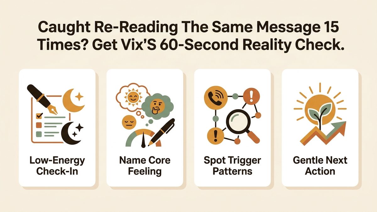 Infographic guide to Caught re-reading the same message 15 times? Get Vix's 60-second reality check. — Practical Self-Care & Emotional Support Guide covering Low-Energy Check-In, Name Core Feeling, and Spot Trigger Patterns.