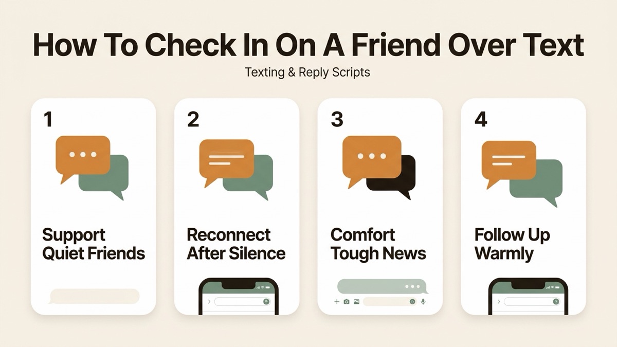 Infographic guide to how to check in on a friend over text covering Support Quiet Friends, Reconnect After Silence, and Comfort Tough News.