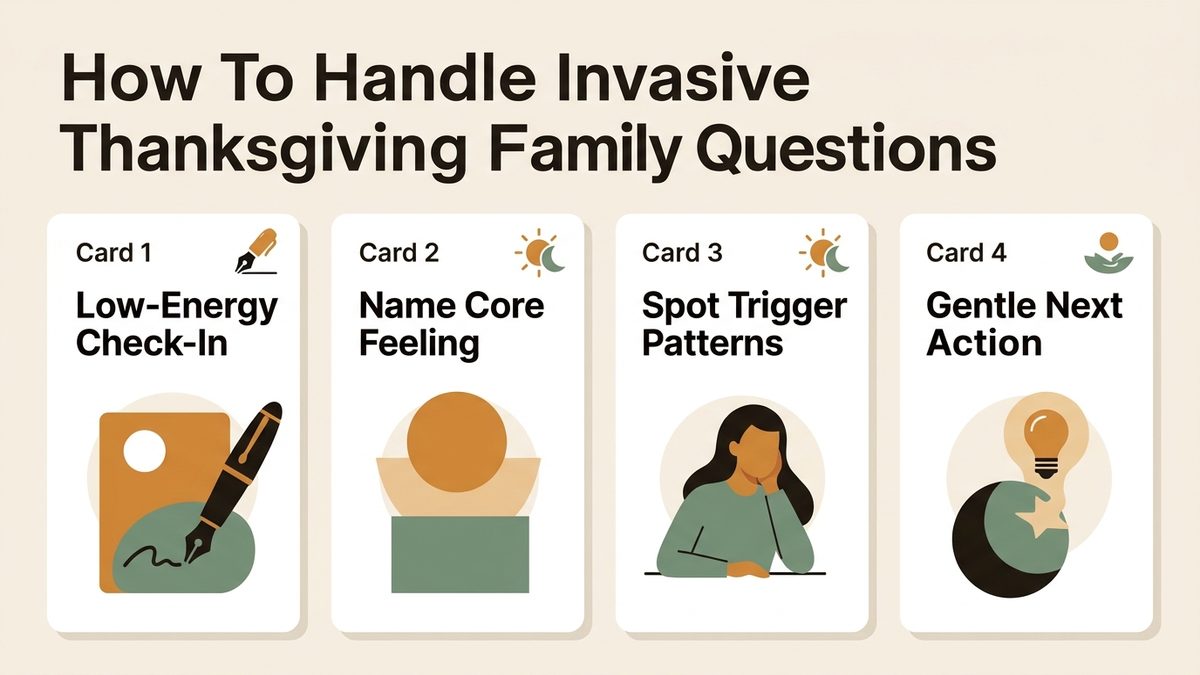 Infographic guide to how to handle invasive thanksgiving family questions covering Low-Energy Check-In, Name Core Feeling, and Spot Trigger Patterns.
