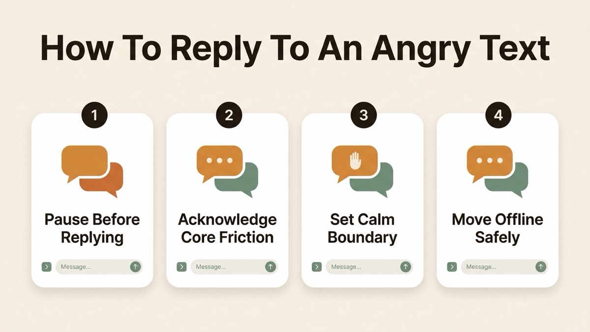 Infographic guide to how to reply to an angry text covering Pause Before Replying, Acknowledge Core Friction, and Set Calm Boundary.