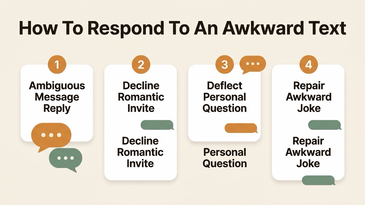 Infographic guide to how to respond to an awkward text covering Ambiguous Message Reply, Decline Romantic Invite, and Deflect Personal Question.