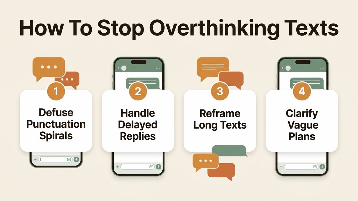 Infographic guide to how to stop overthinking texts covering Defuse Punctuation Spirals, Handle Delayed Replies, and Reframe Long Texts.