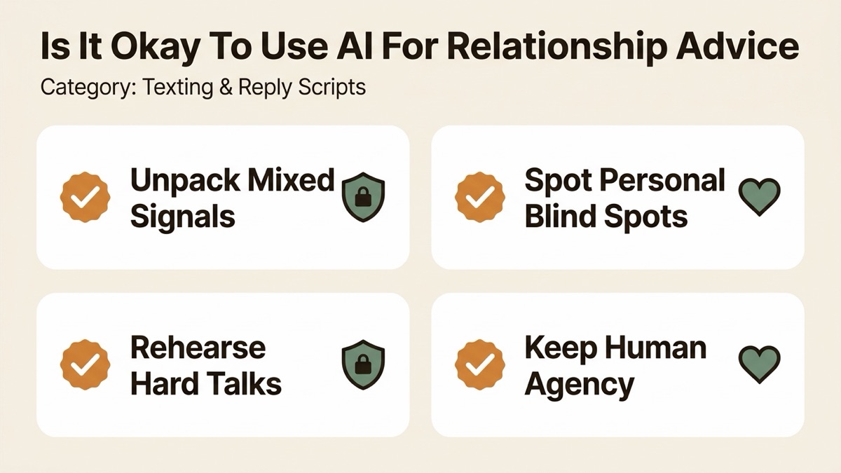 Infographic guide to is it okay to use ai for relationship advice covering Unpack Mixed Signals, Spot Personal Blind Spots, and Rehearse Hard Talks.