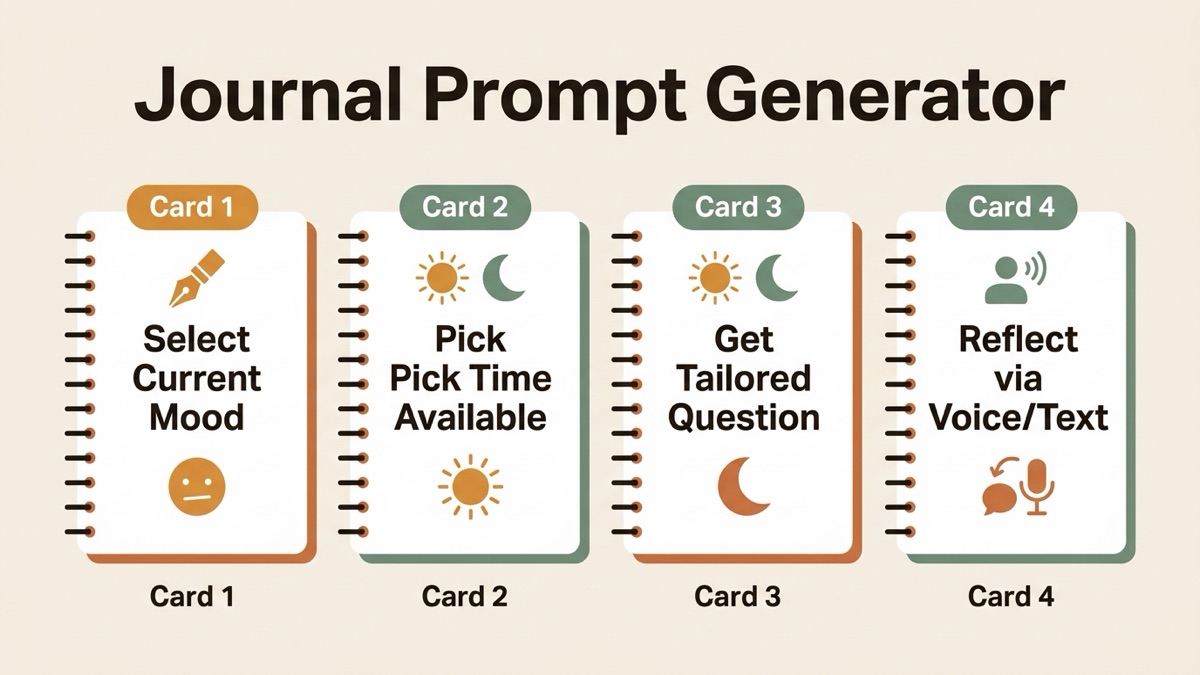 Infographic for journal prompt generator: Select Current Mood, Pick Time Available, Get Tailored Question, and Reflect via Voice/Text.