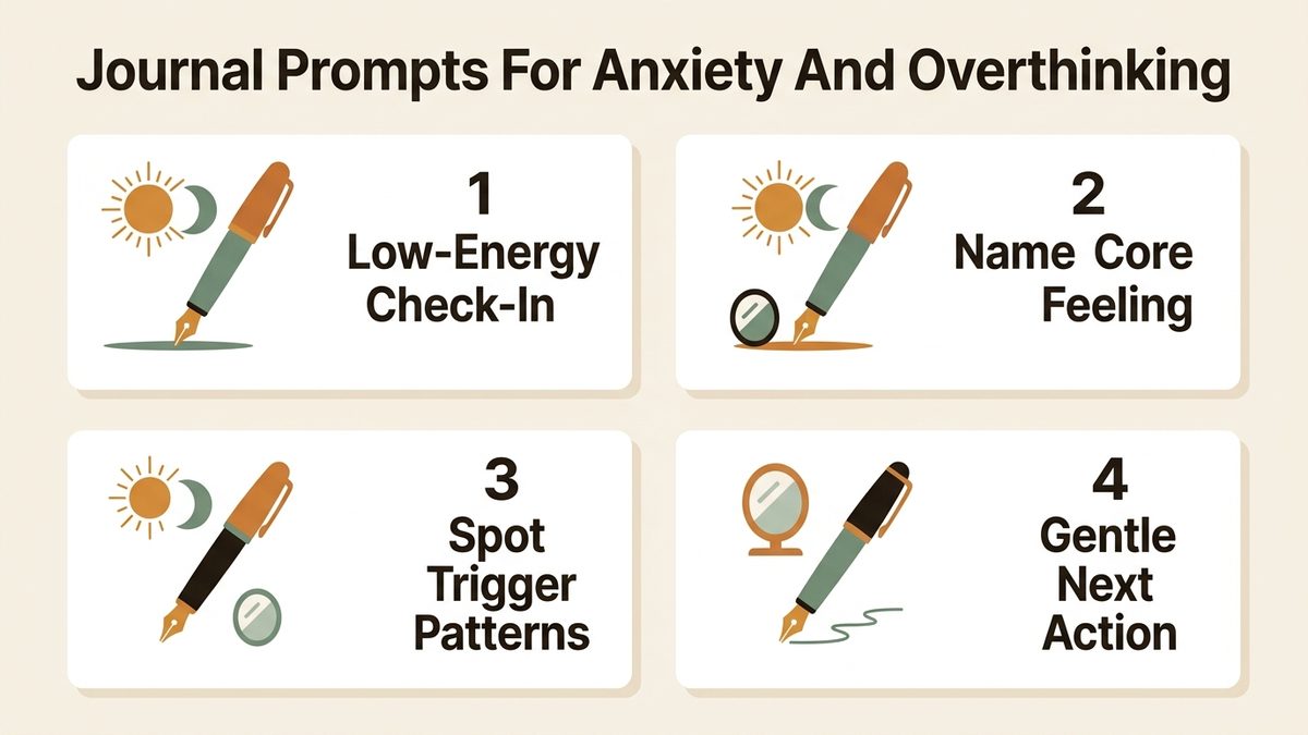 Infographic guide to journal prompts for anxiety and overthinking covering Low-Energy Check-In, Name Core Feeling, and Spot Trigger Patterns.