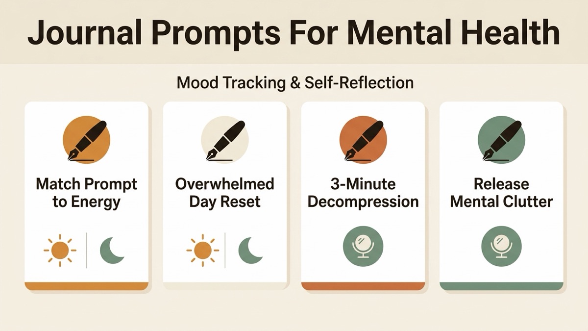 Infographic guide to journal prompts for mental health covering Match Prompt to Energy, Overwhelmed Day Reset, and 3-Minute Decompression.