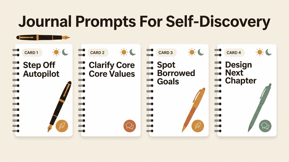 Infographic guide to journal prompts for self-discovery covering Step Off Autopilot, Clarify Core Values, and Spot Borrowed Goals.