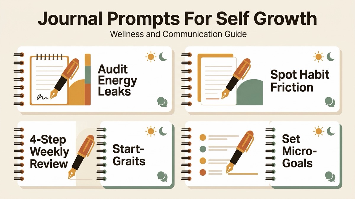 Infographic for journal prompts for self growth: Audit Energy Leaks, Spot Habit Friction, 4-Step Weekly Review, and Set Micro-Goals.
