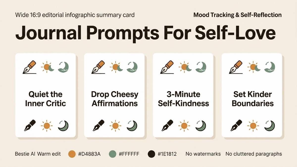 Infographic guide to journal prompts for self-love covering Quiet the Inner Critic, Drop Cheesy Affirmations, and 3-Minute Self-Kindness.